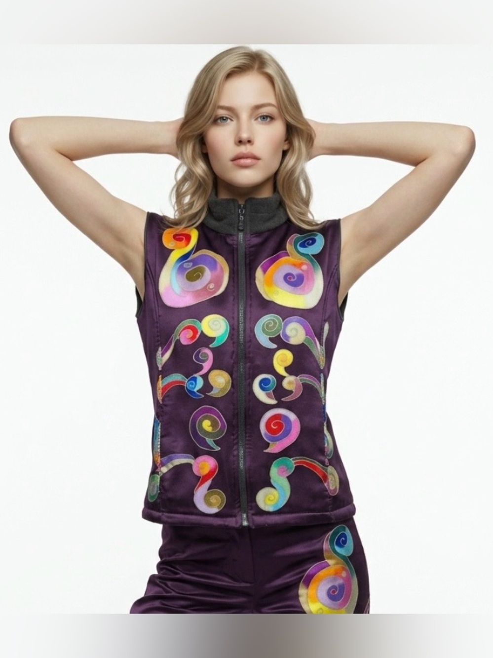 INVISIBLE WORLD 100% Silk  Alaska Vest Purple Colorful Art To Wear Large